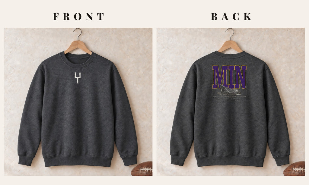 Crewneck + Goalpost Front · Dark Heather · front and back · Minnesota Blueprint City crewneck in dark heather