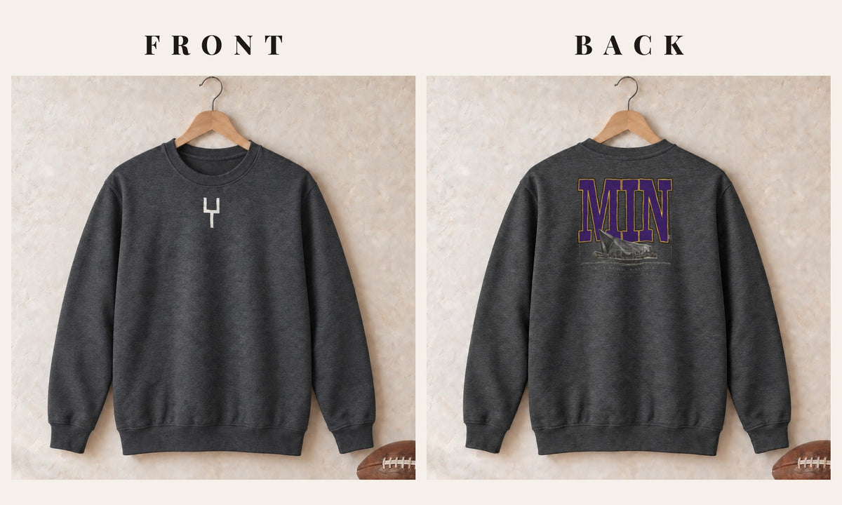 Crewneck + Goalpost Front · Dark Heather · front and back · Minnesota Blueprint City crewneck in dark heather