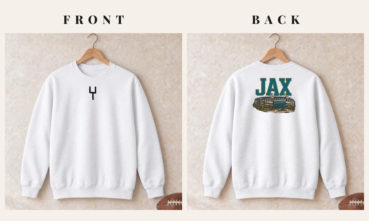 Crewneck + Goalpost Front · White · front and back · Jacksonville Home Field Advantage crewneck in white