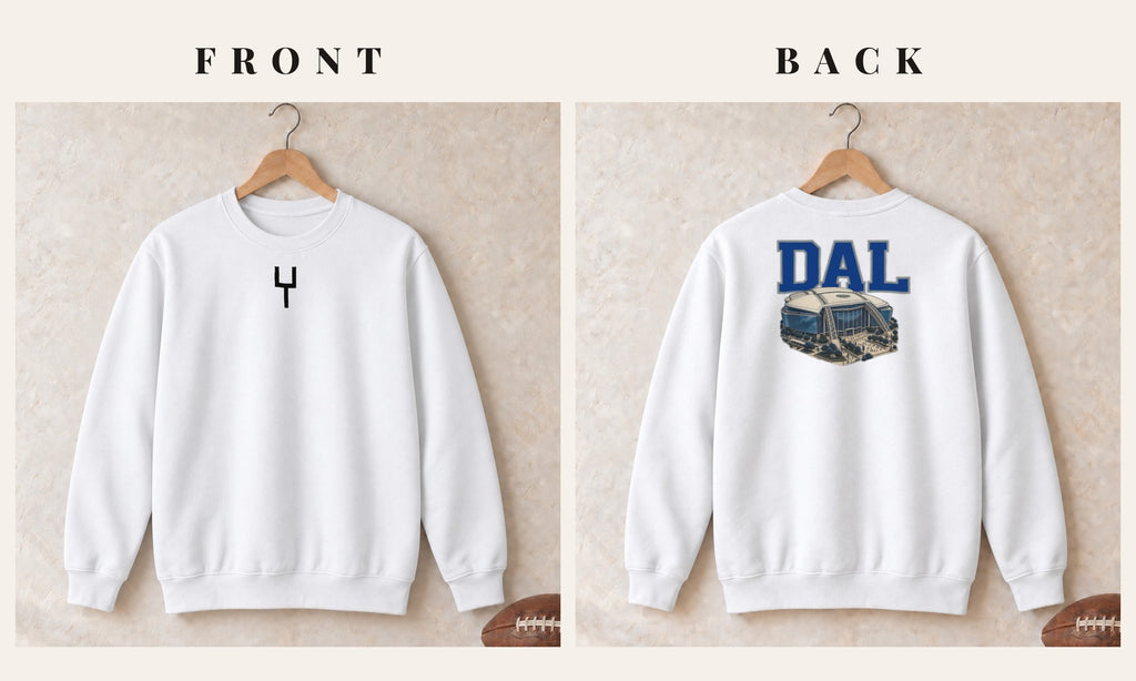 Crewneck + Goalpost Front · White · front and back · Dallas Home Field Advantage crewneck in white