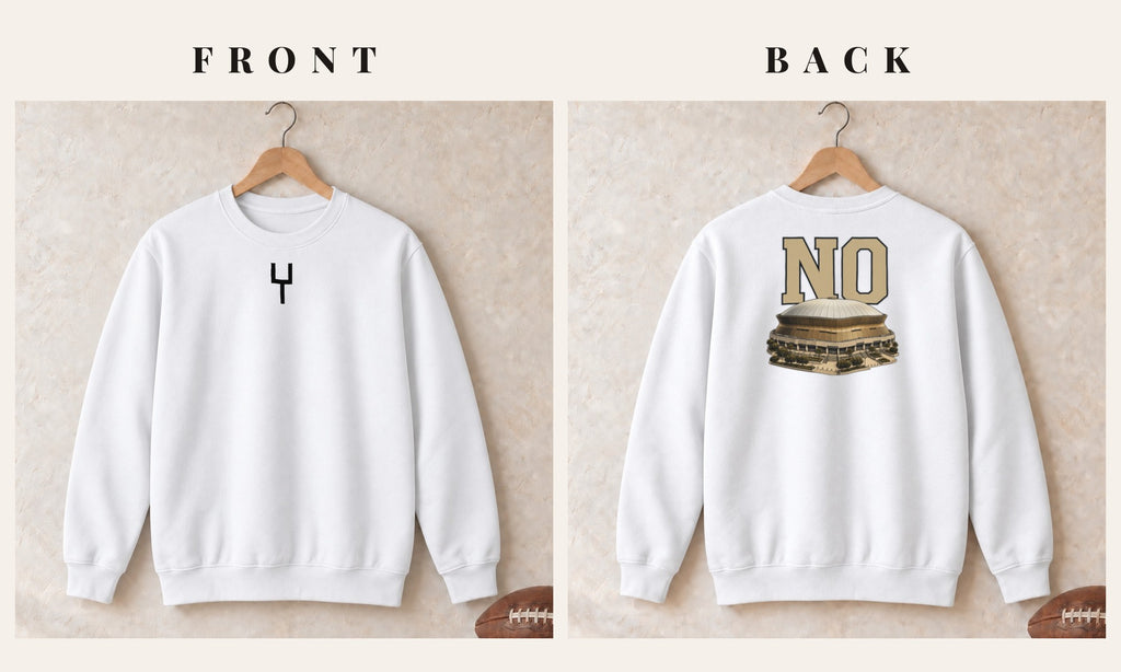 Crewneck + Goalpost Front · White · front and back · New Orleans Home Field Advantage crewneck in white