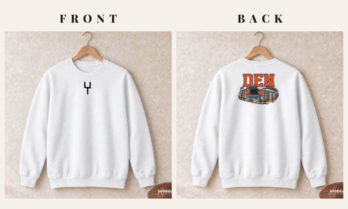 Crewneck + Goalpost Front · White · front and back · Denver Home Field Advantage crewneck in white