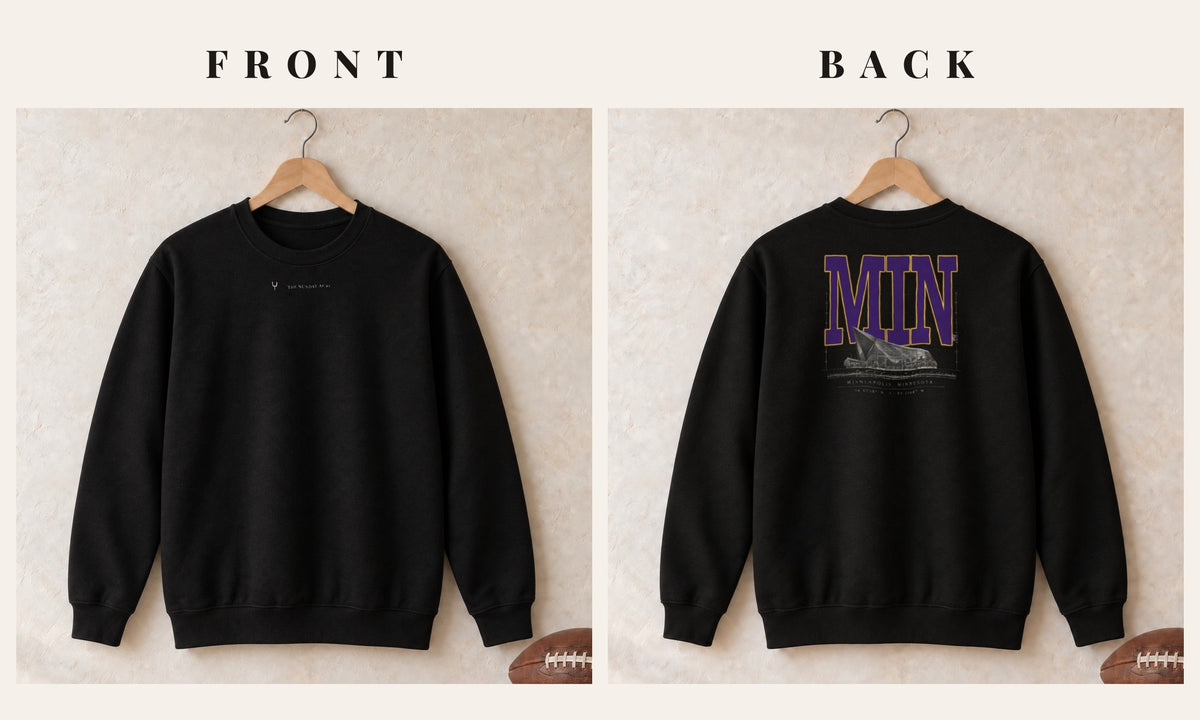Crewneck + Logo Front · Black · front and back · Minnesota Blueprint City crewneck in black