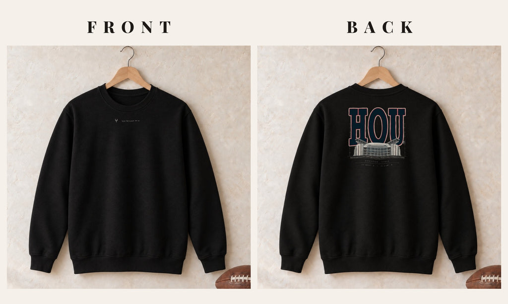 Crewneck + Logo Front · Black · front and back · Houston Blueprint City crewneck in black