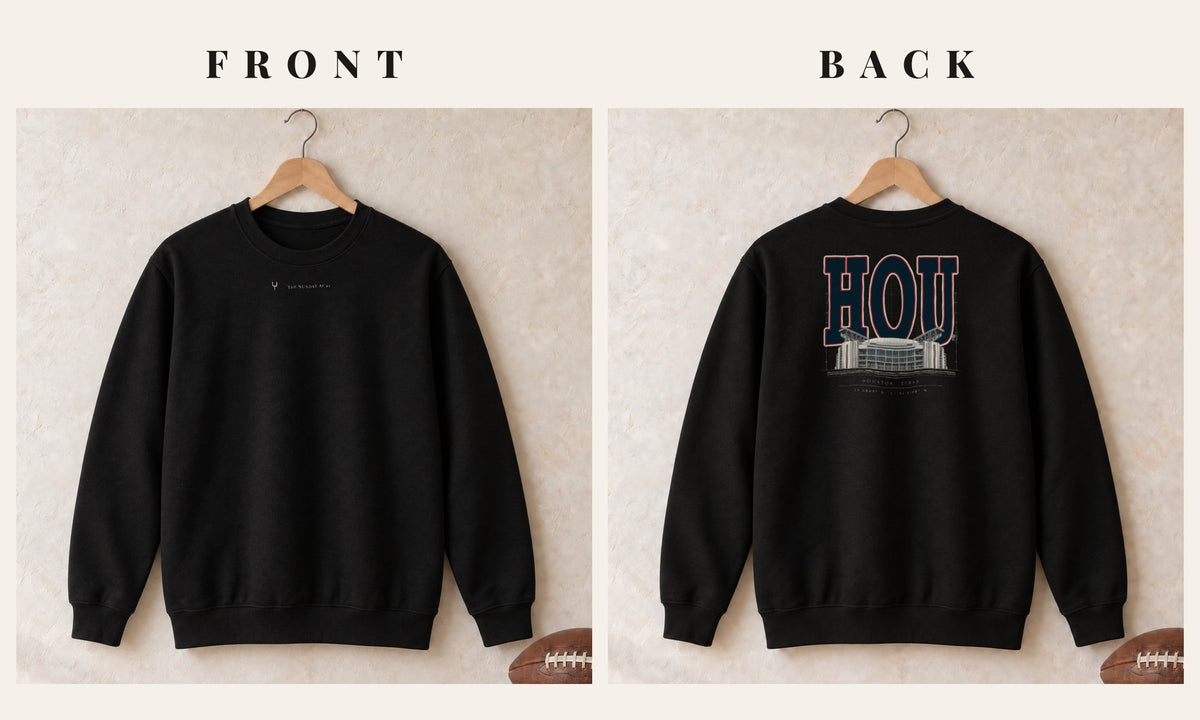 Crewneck + Logo Front · Black · front and back · Houston Blueprint City crewneck in black
