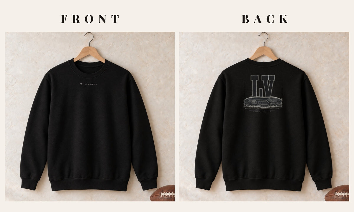 Crewneck + Logo Front · Black · front and back · Las Vegas Blueprint City crewneck in black