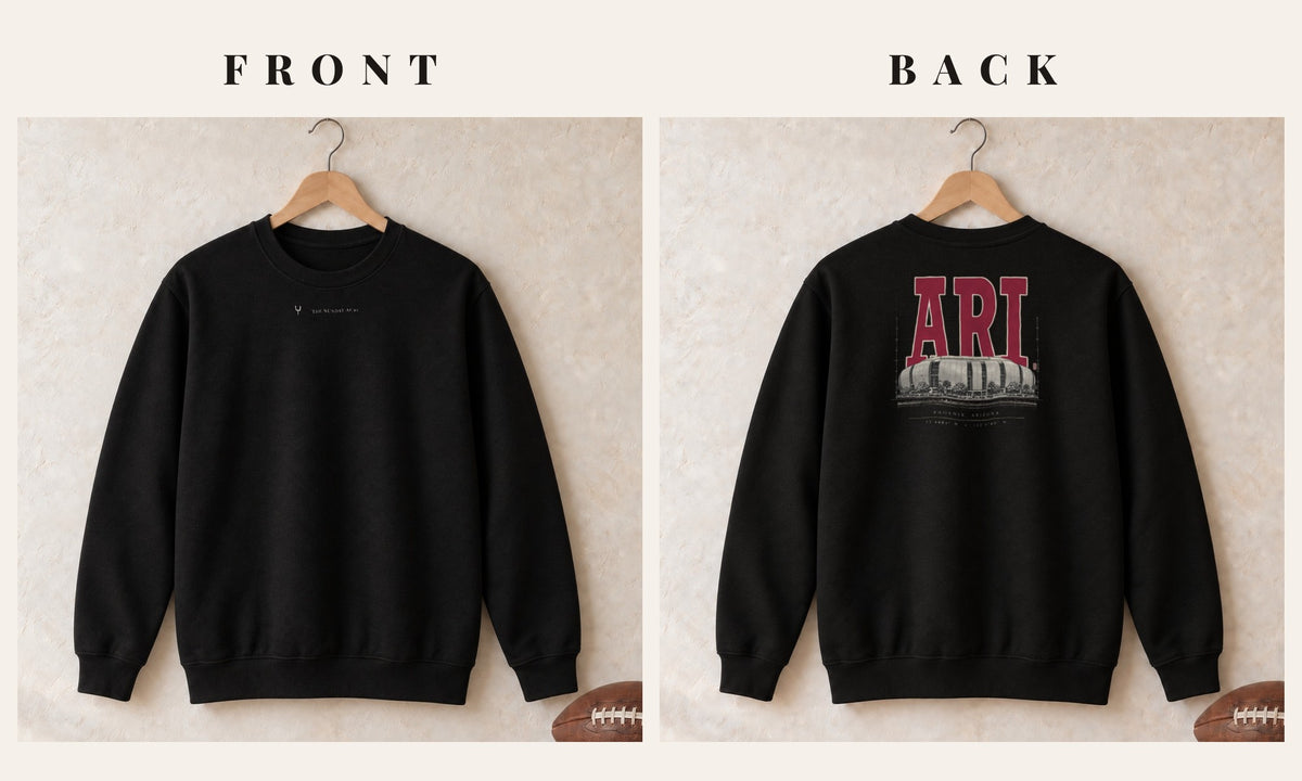 Crewneck + Logo Front · Black · front and back · Arizona Blueprint City crewneck in black