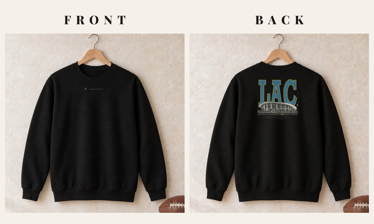 Crewneck + Logo Front · Black · front and back · Los Angeles Powder Blueprint City crewneck in black