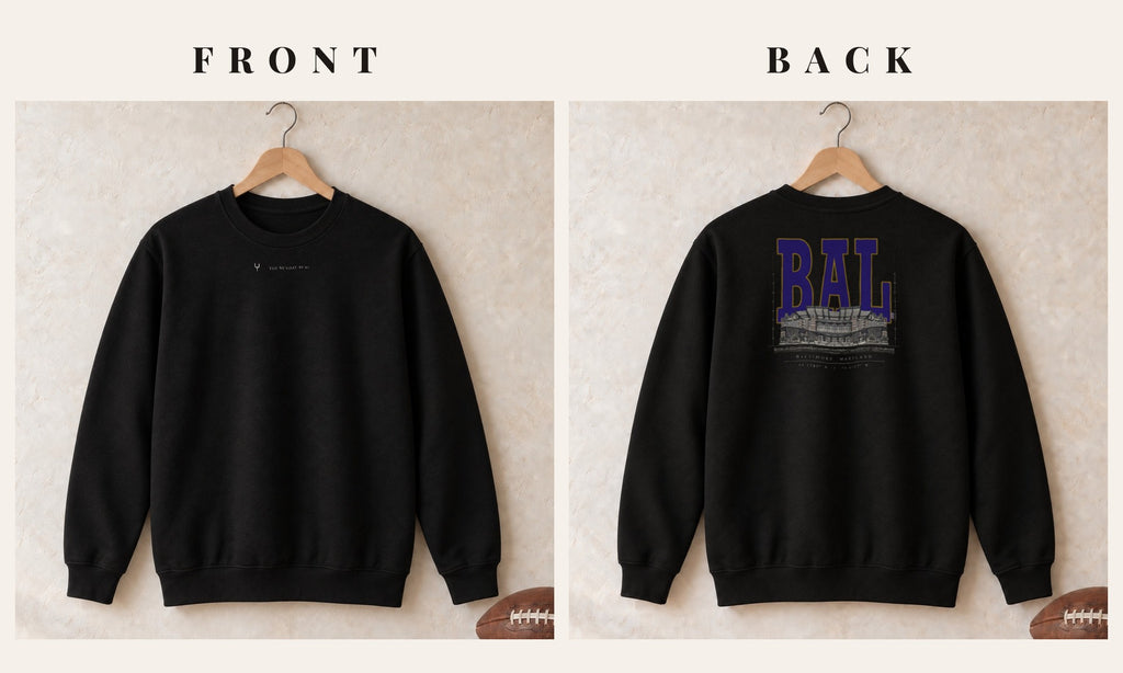 Crewneck + Logo Front · Black · front and back · Baltimore Blueprint City crewneck in black