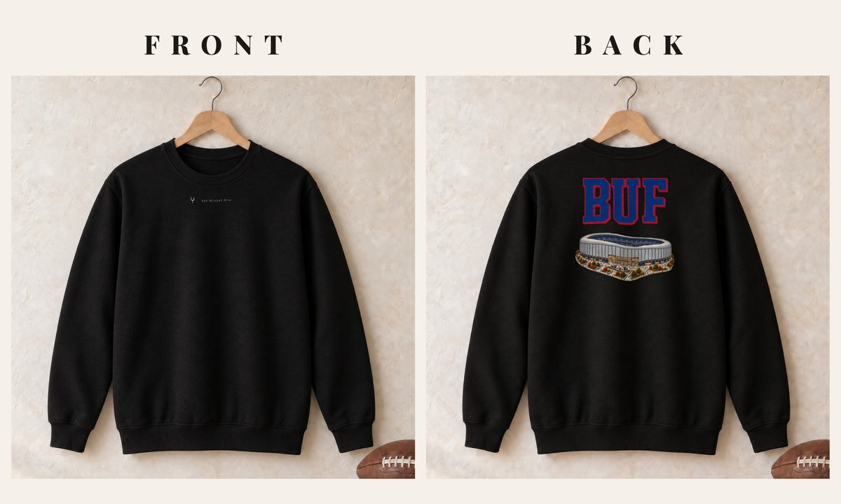 Crewneck + Logo Front · Black · front and back · Buffalo Home Field Advantage crewneck in black