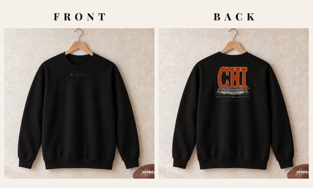 Crewneck + Logo Front · Black · front and back · Chicago Blueprint City crewneck in black