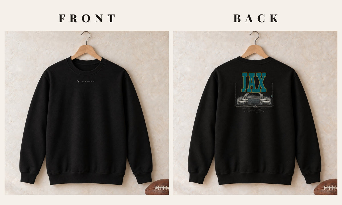 Crewneck + Logo Front · Black · front and back · Jacksonville Blueprint City crewneck in black