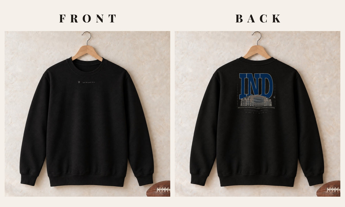 Crewneck + Logo Front · Black · front and back · Indianapolis Blueprint City crewneck in black