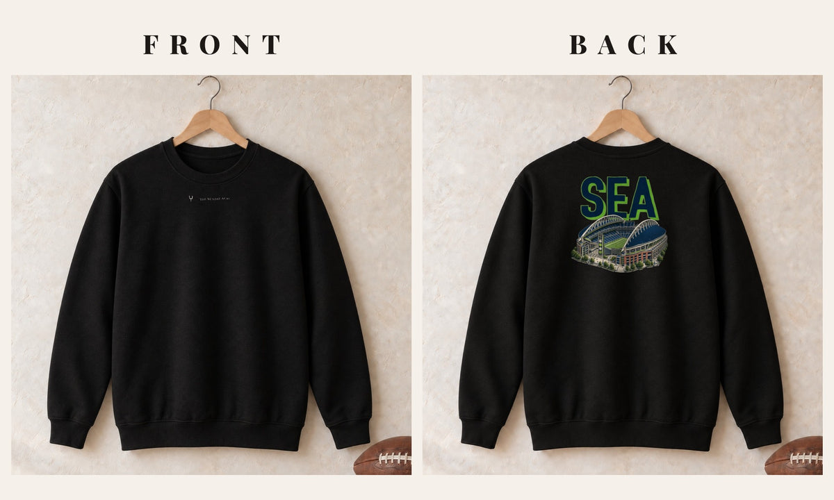 Crewneck + Logo Front · Black · front and back · Seattle Home Field Advantage crewneck in black
