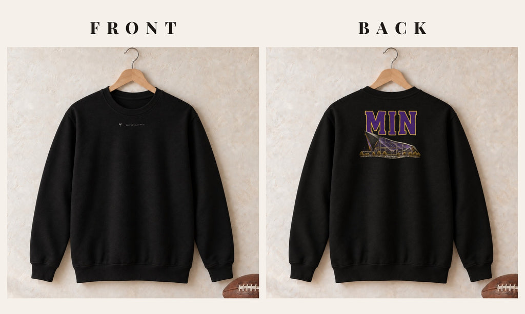 Crewneck + Logo Front · Black · front and back · Minnesota Home Field Advantage crewneck in black
