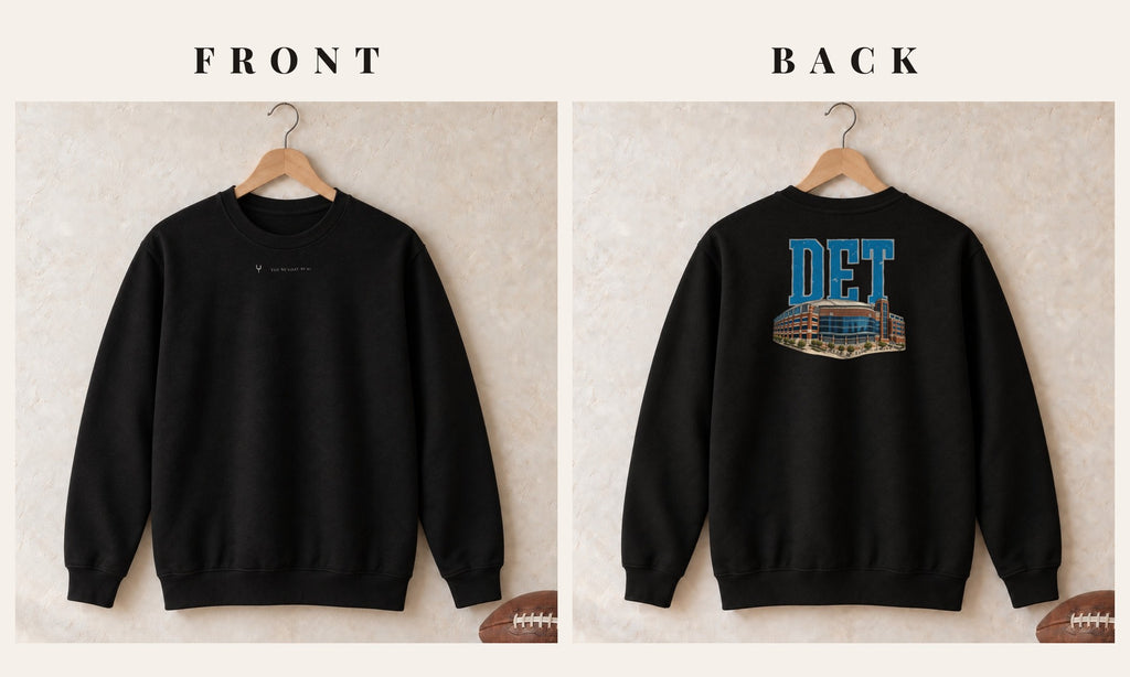 Crewneck + Logo Front · Black · front and back · Detroit Home Field Advantage crewneck in black
