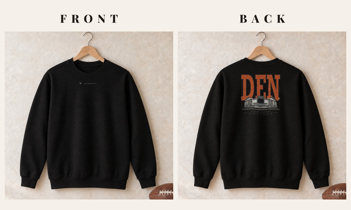 Crewneck + Logo Front · Black · front and back · Denver Blueprint City crewneck in black