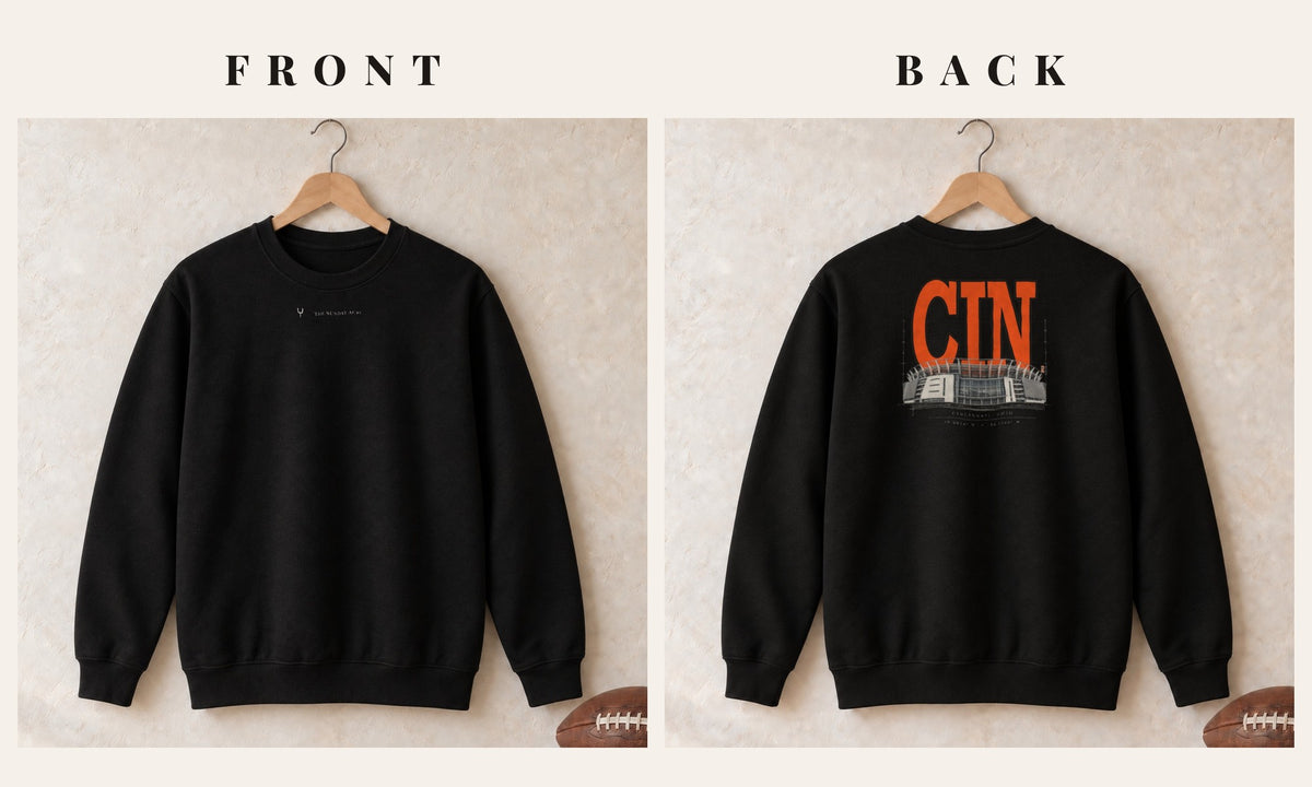 Crewneck + Logo Front · Black · front and back · Cincinnati Blueprint City crewneck in black