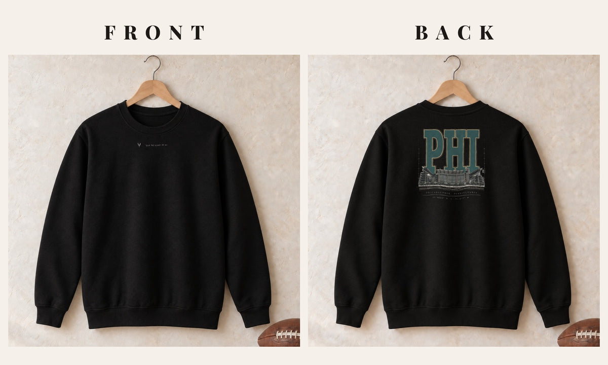 Crewneck + Logo Front · Black · front and back · Philadelphia Blueprint City crewneck in black