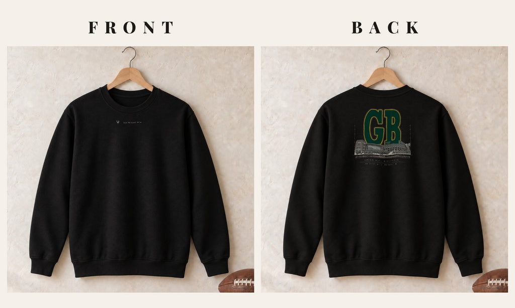 Crewneck + Logo Front · Black · front and back · Green Bay Blueprint City crewneck in black