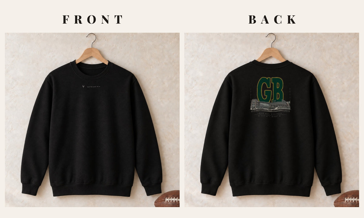 Crewneck + Logo Front · Black · front and back · Green Bay Blueprint City crewneck in black