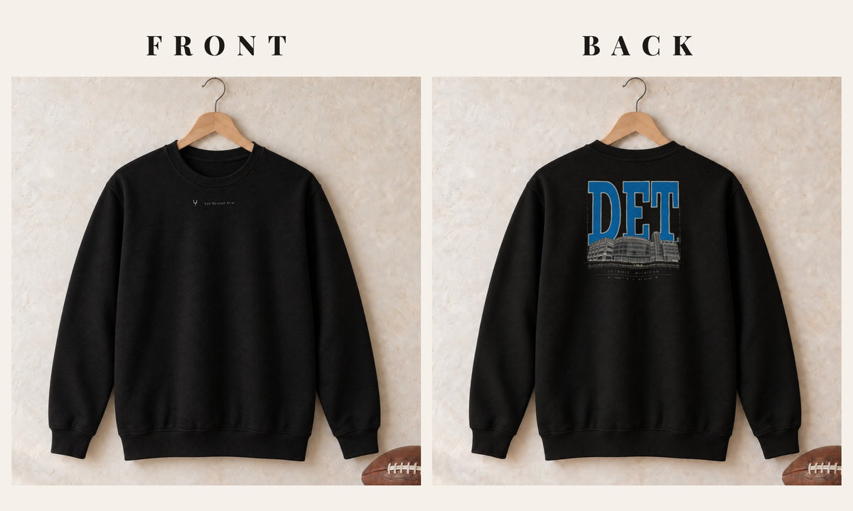 Crewneck + Logo Front · Black · front and back · Detroit Blueprint City crewneck in black
