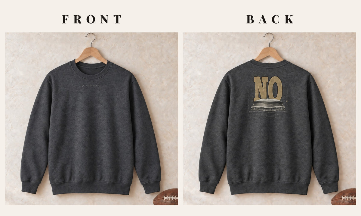 Crewneck + Logo Front · Dark Heather · front and back · New Orleans Blueprint City crewneck in dark heather