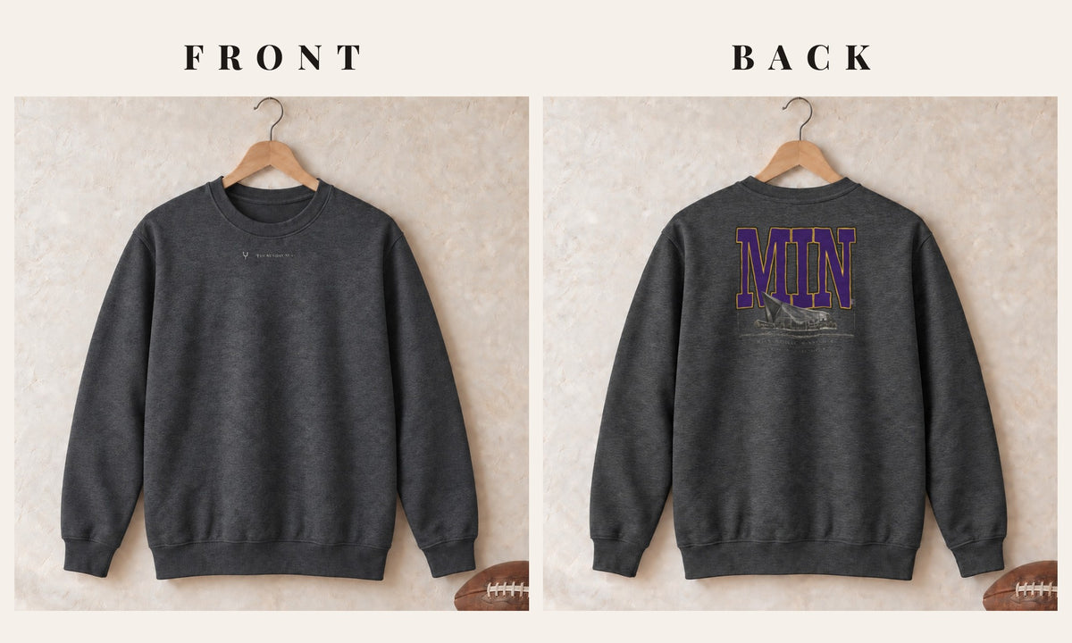 Crewneck + Logo Front · Dark Heather · front and back · Minnesota Blueprint City crewneck in dark heather