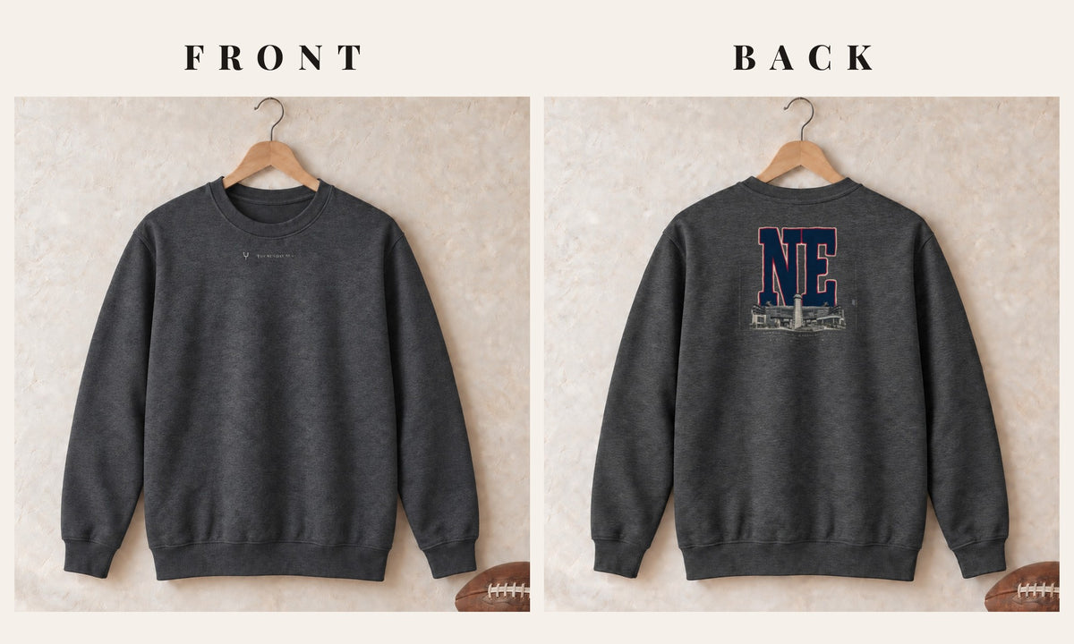 Crewneck + Logo Front · Dark Heather · front and back · New England Blueprint City crewneck in dark heather
