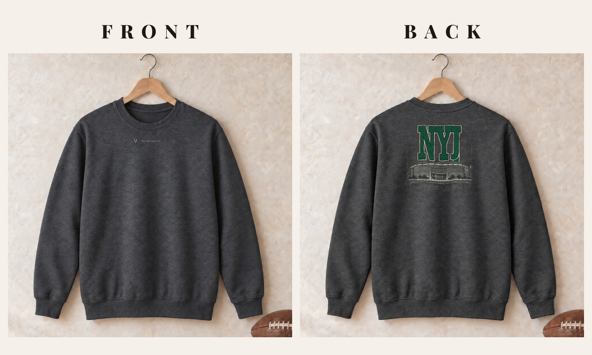 Crewneck + Logo Front · Dark Heather · front and back · New York Green Blueprint City crewneck in dark heather