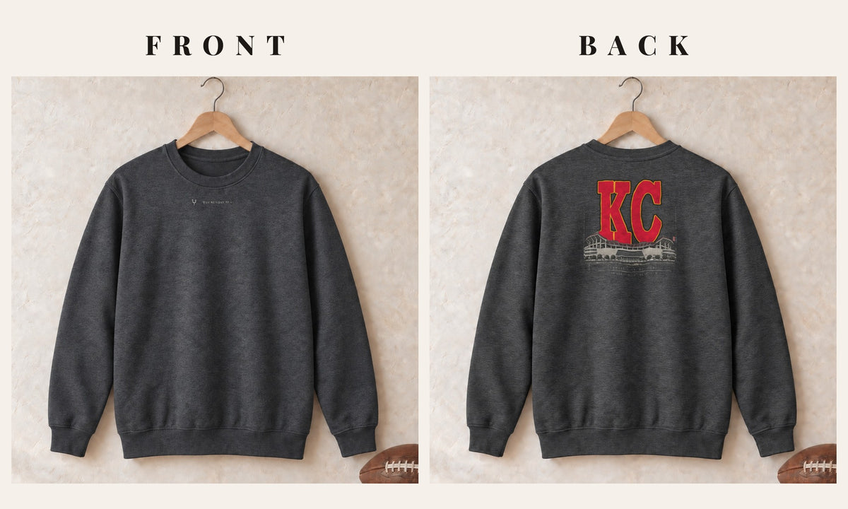 Crewneck + Logo Front · Dark Heather · front and back · Kansas City Blueprint City crewneck in dark heather