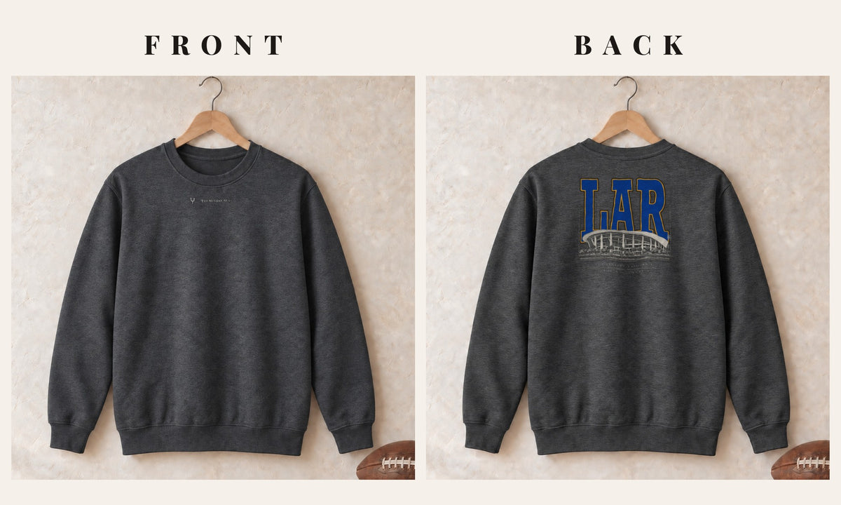 Crewneck + Logo Front · Dark Heather · front and back · Los Angeles Gold Blueprint City crewneck in dark heather