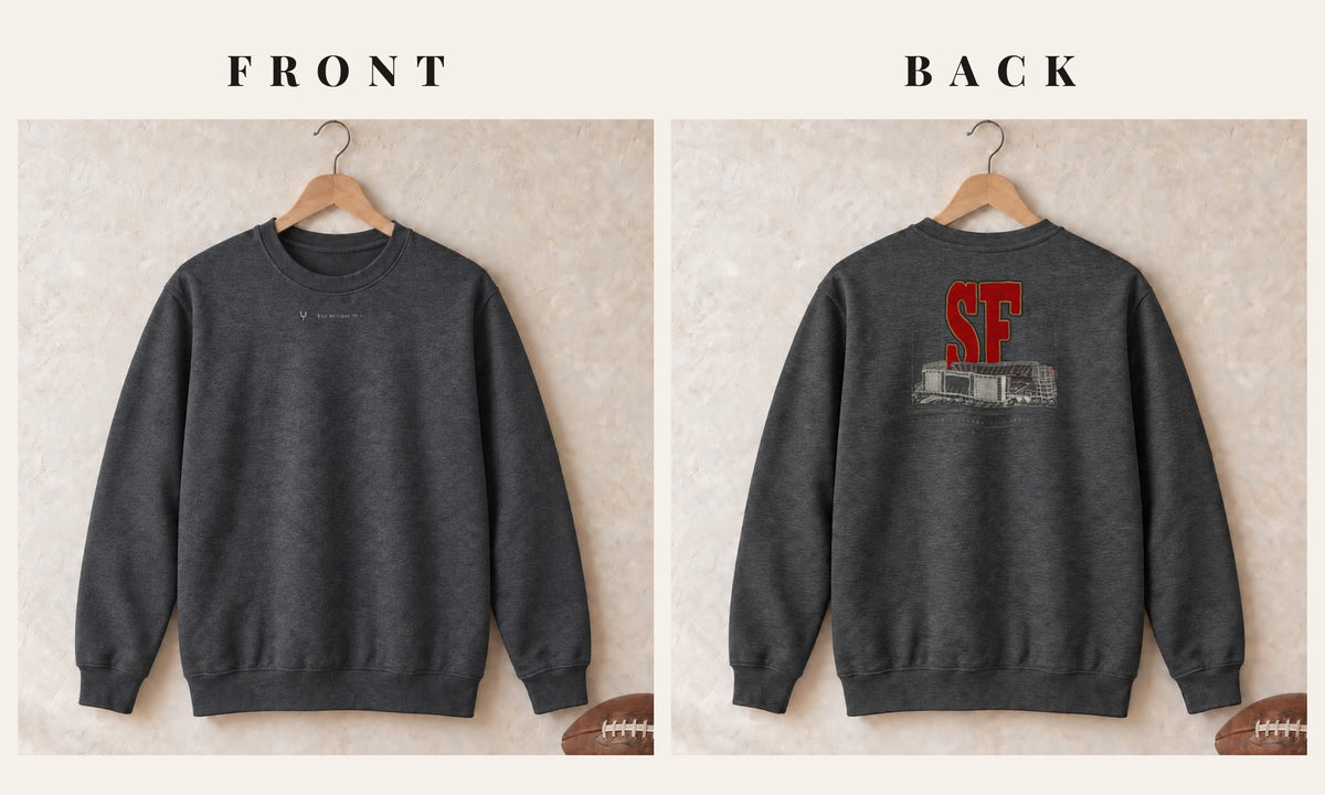 Crewneck + Logo Front · Dark Heather · front and back · San Francisco Blueprint City crewneck in dark heather