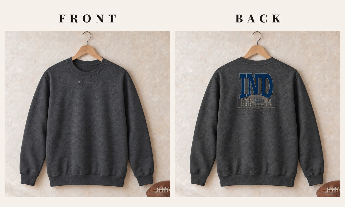 Crewneck + Logo Front · Dark Heather · front and back · Indianapolis Blueprint City crewneck in dark heather