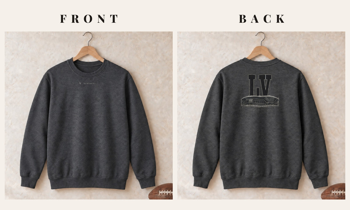 Crewneck + Logo Front · Dark Heather · front and back · Las Vegas Blueprint City crewneck in dark heather