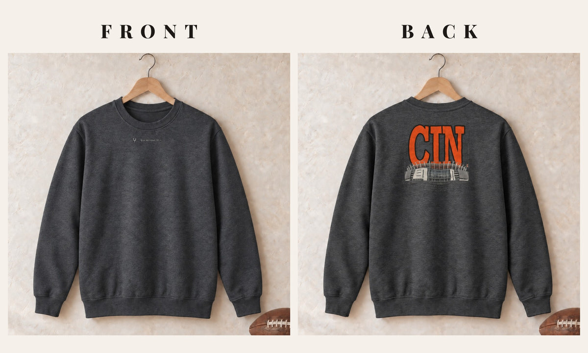Crewneck + Logo Front · Dark Heather · front and back · Cincinnati Blueprint City crewneck in dark heather
