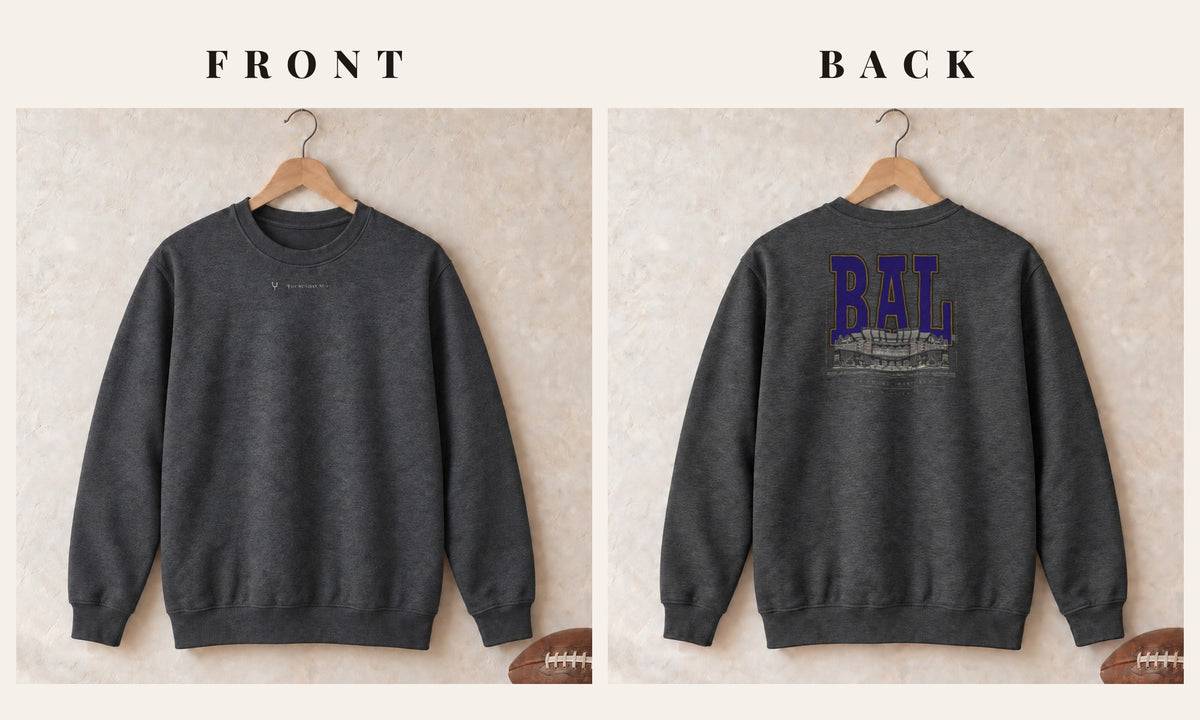 Crewneck + Logo Front · Dark Heather · front and back · Baltimore Blueprint City crewneck in dark heather