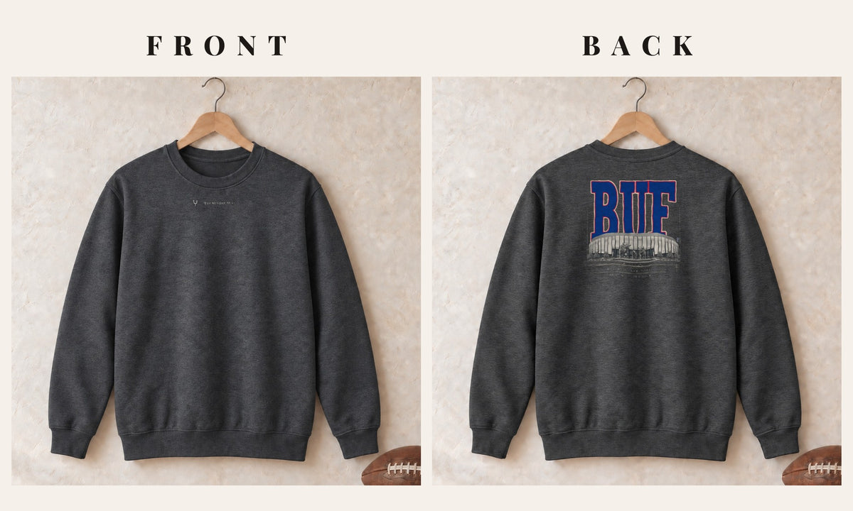 Crewneck + Logo Front · Dark Heather · front and back · Buffalo Blueprint City crewneck in dark heather
