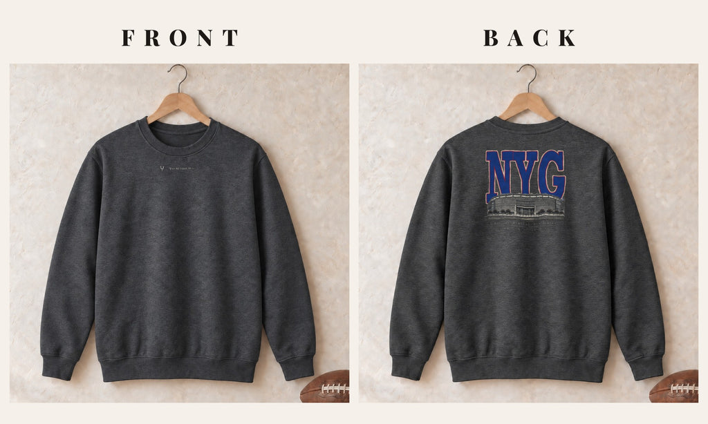Crewneck + Logo Front · Dark Heather · front and back · New York Royal Blueprint City crewneck in dark heather