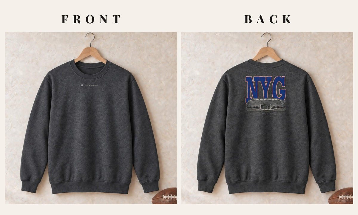 Crewneck + Logo Front · Dark Heather · front and back · New York Royal Blueprint City crewneck in dark heather