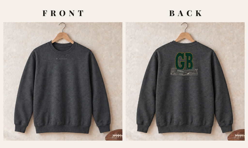 Crewneck + Logo Front · Dark Heather · front and back · Green Bay Blueprint City crewneck in dark heather