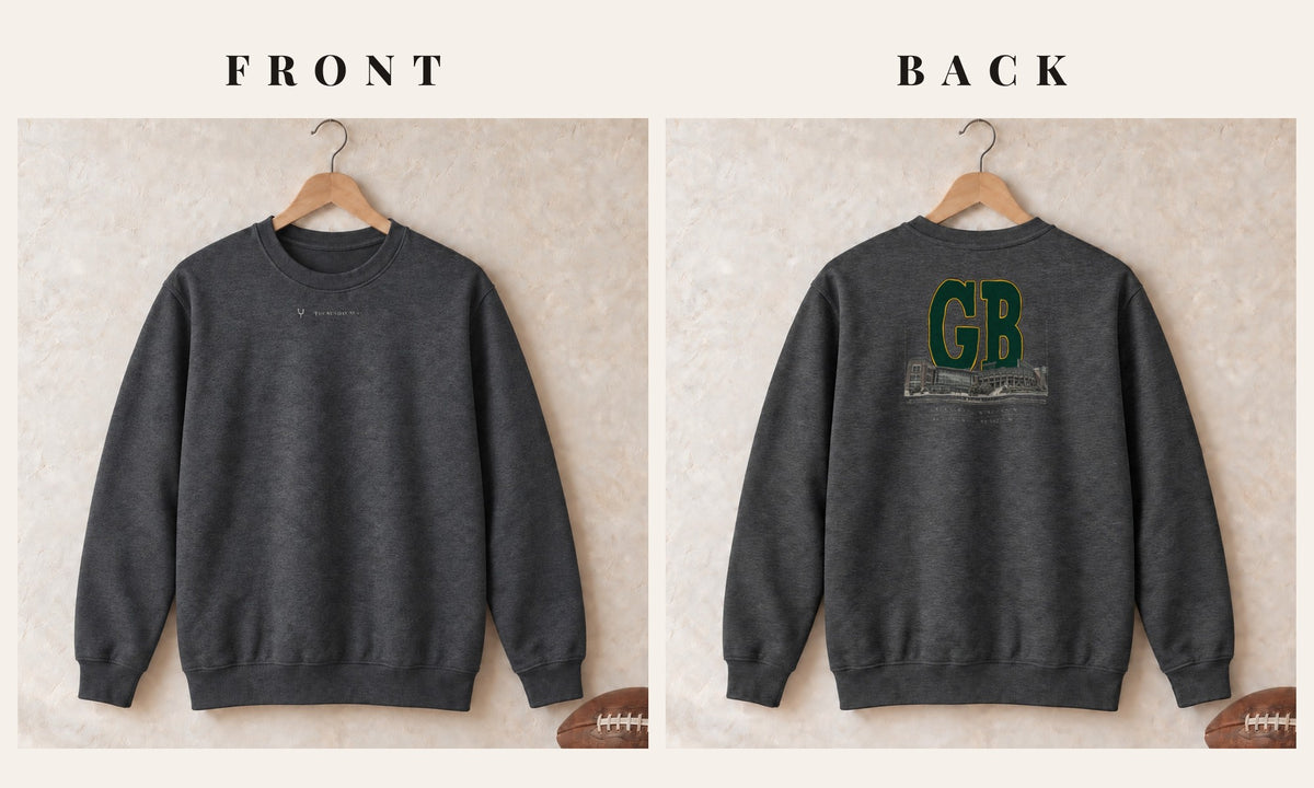 Crewneck + Logo Front · Dark Heather · front and back · Green Bay Blueprint City crewneck in dark heather
