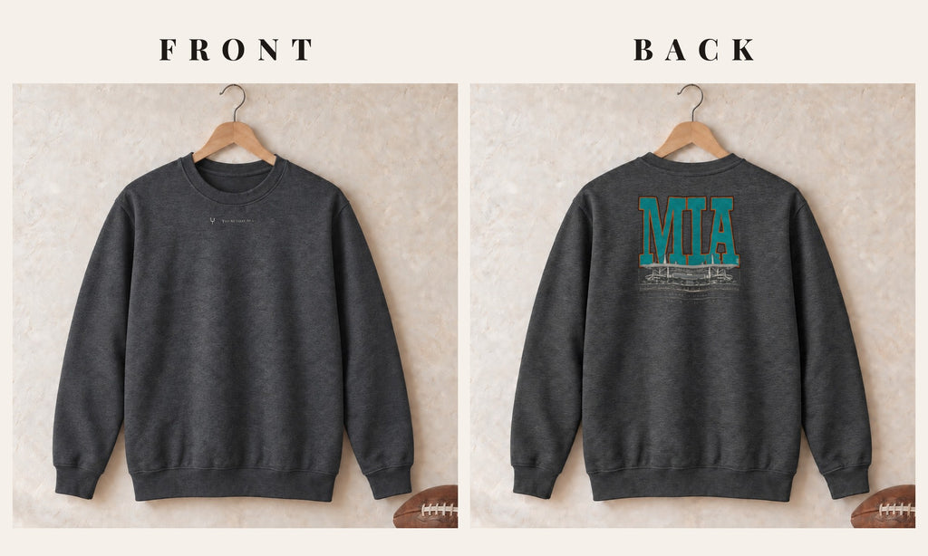 Crewneck + Logo Front · Dark Heather · front and back · Miami Blueprint City crewneck in dark heather