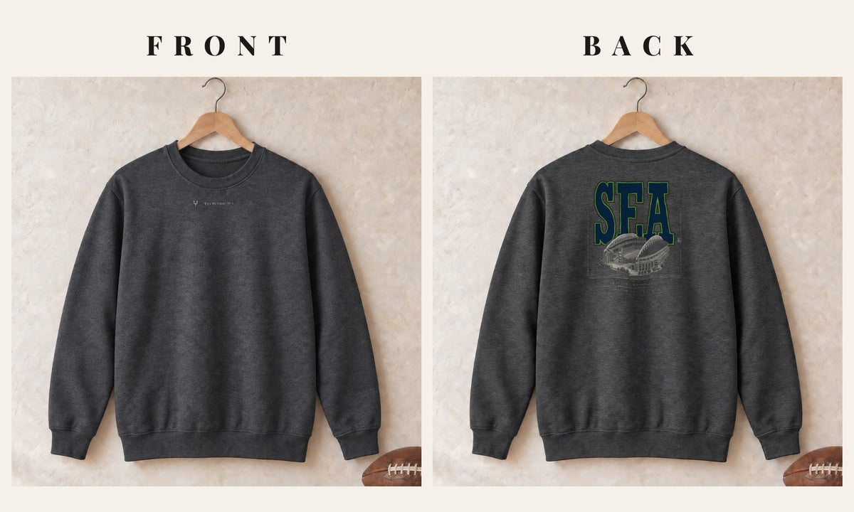 Crewneck + Logo Front · Dark Heather · front and back · Seattle Blueprint City crewneck in dark heather