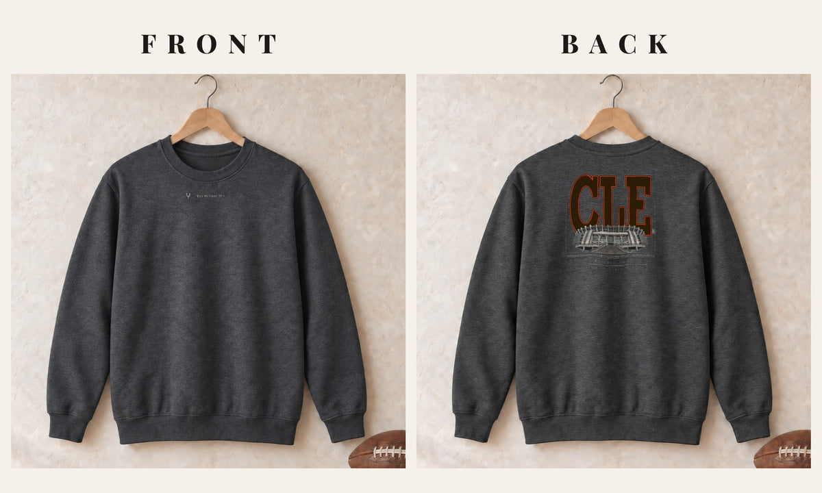 Crewneck + Logo Front · Dark Heather · front and back · Cleveland Blueprint City crewneck in dark heather