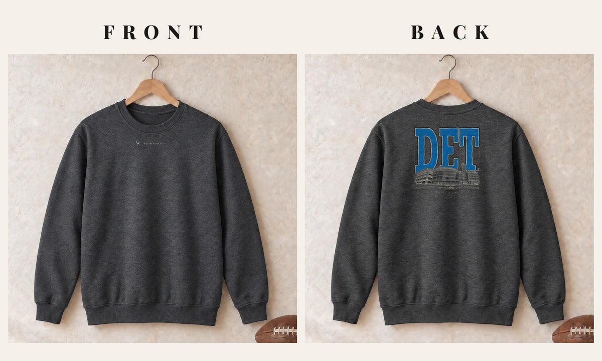 Crewneck + Logo Front · Dark Heather · front and back · Detroit Blueprint City crewneck in dark heather