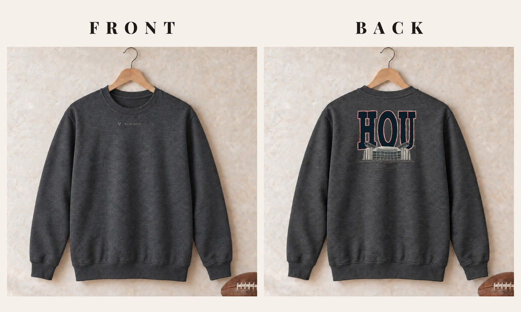 Crewneck + Logo Front · Dark Heather · front and back · Houston Blueprint City crewneck in dark heather