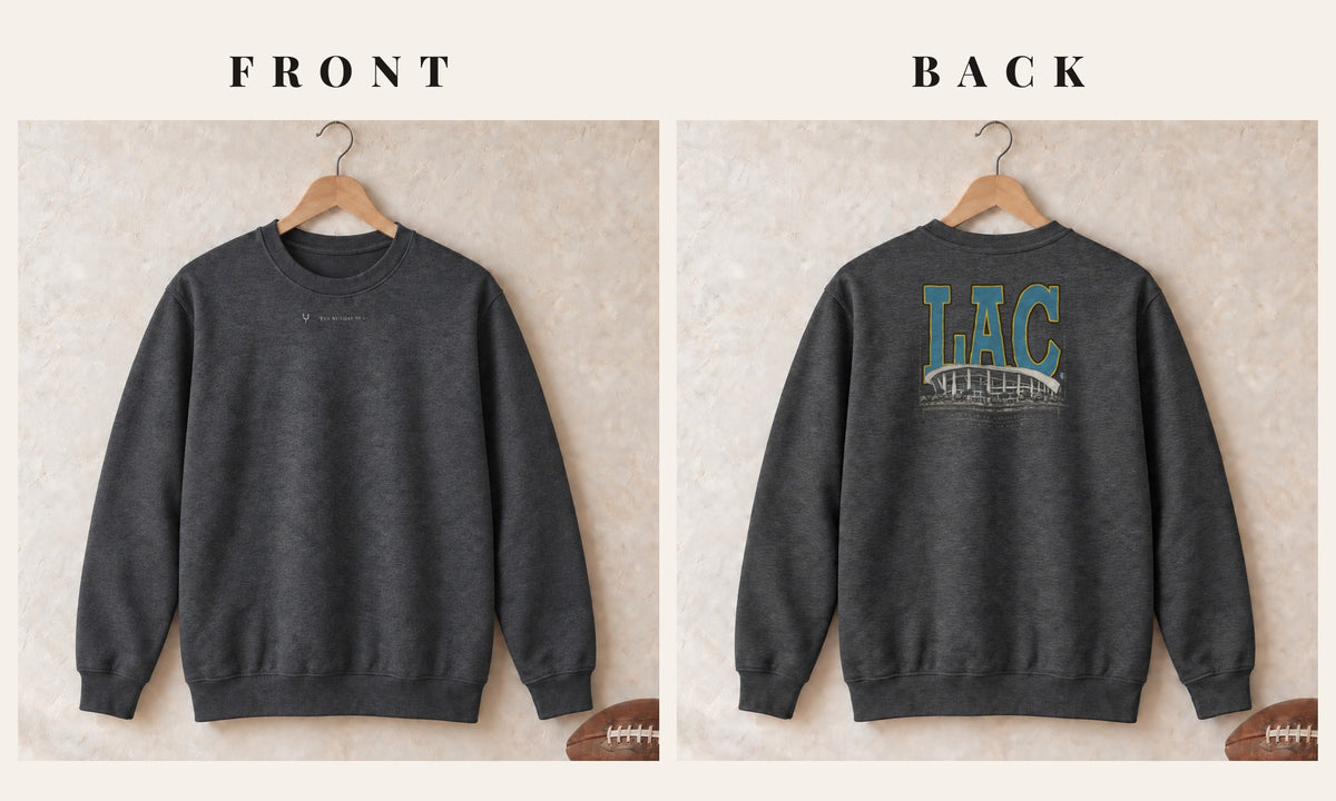 Crewneck + Logo Front · Dark Heather · front and back · Los Angeles Powder Blueprint City crewneck in dark heather