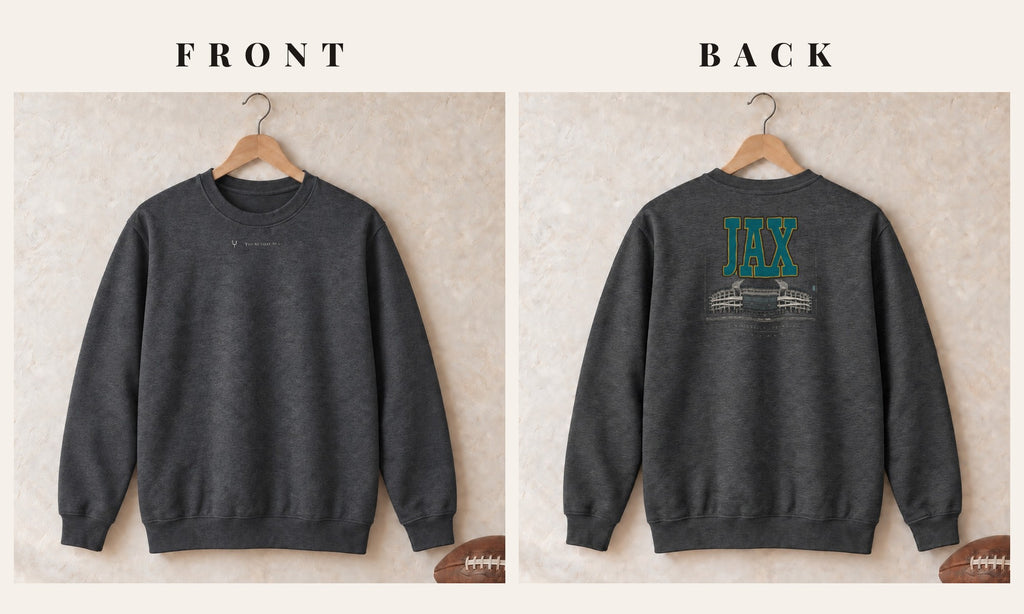 Crewneck + Logo Front · Dark Heather · front and back · Jacksonville Blueprint City crewneck in dark heather