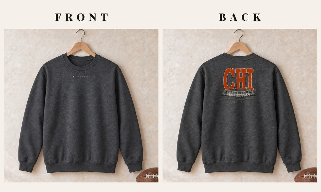 Crewneck + Logo Front · Dark Heather · front and back · Chicago Blueprint City crewneck in dark heather